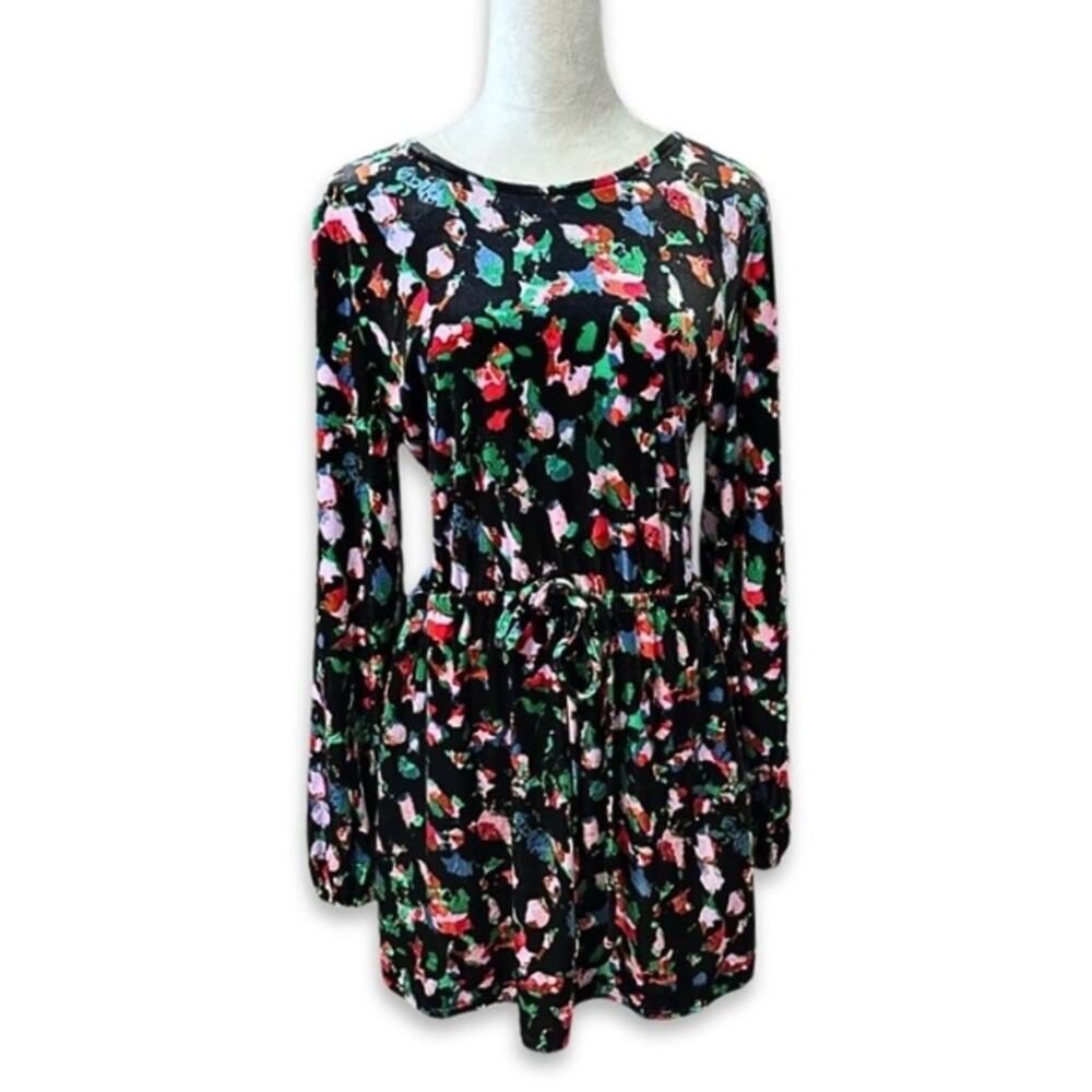Open Edit Fit & Flare Velvet Dress Side Pockets Black/Multicolor Women's L NWOT